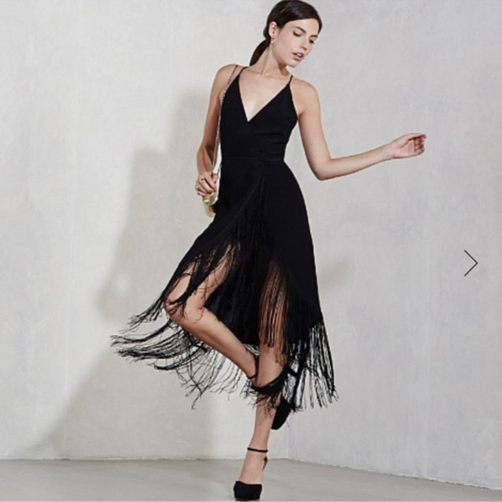 Reformation Henna dress black tassel fringe wrap dress M P